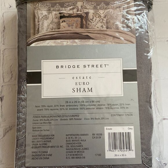 🐝🐝VTG Bridge Street Estate ONE Euro Sham Grey 26x26 Embroidered NWT - Picture 2 of 6